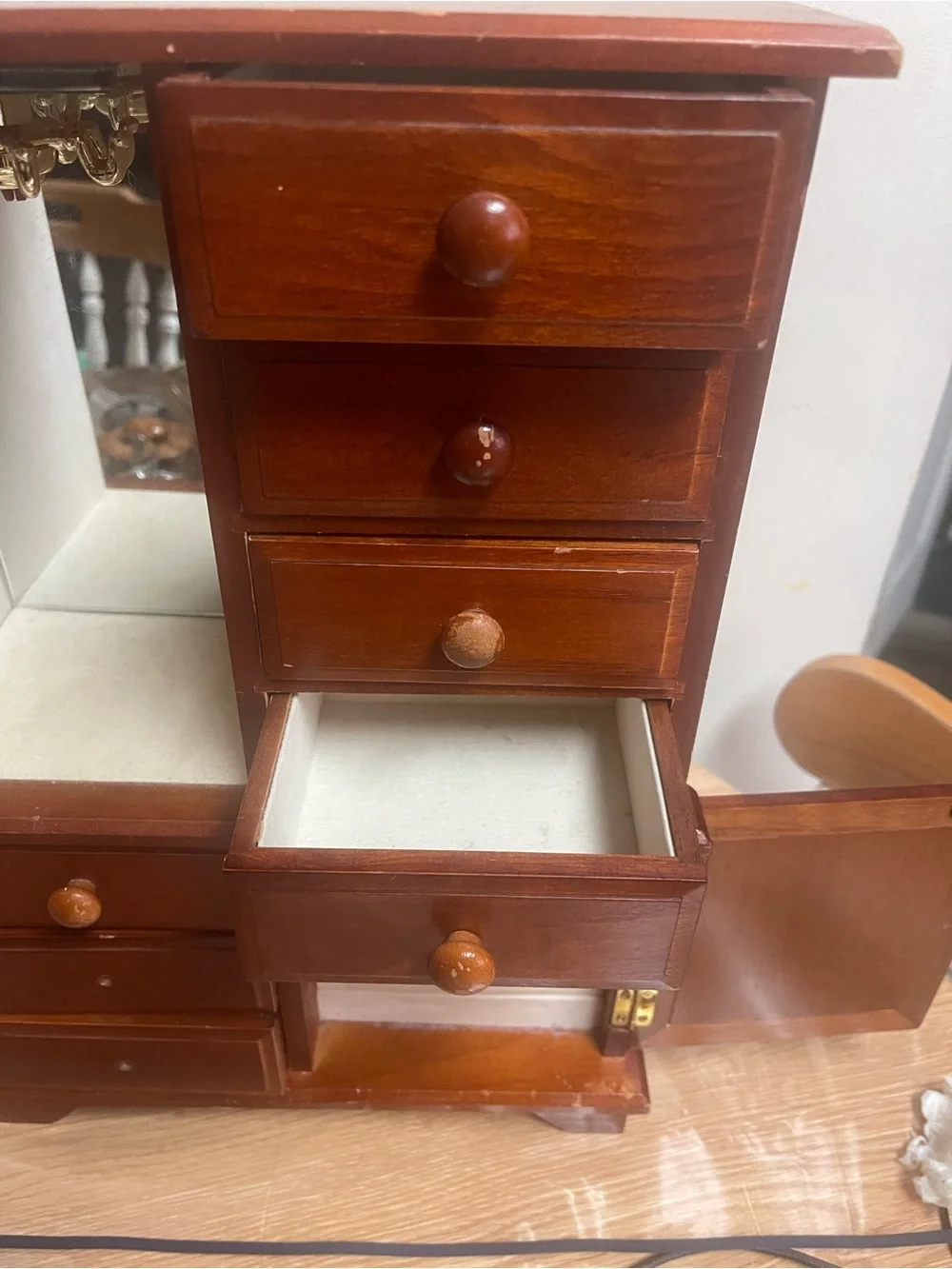 Vintage Mele Tall Wooden Jewelry Box with Seven Drawers and Drawers Mirror